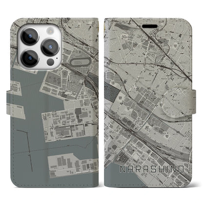 【習志野（千葉県）】地図柄iPhoneケース（手帳タイプ）モノトーン・iPhone 14 Pro 用