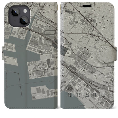 【習志野（千葉県）】地図柄iPhoneケース（手帳タイプ）モノトーン・iPhone 14 Plus 用