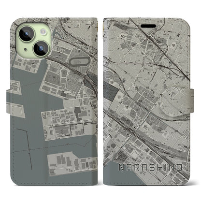 【習志野（千葉県）】地図柄iPhoneケース（手帳タイプ）モノトーン・iPhone 15 用