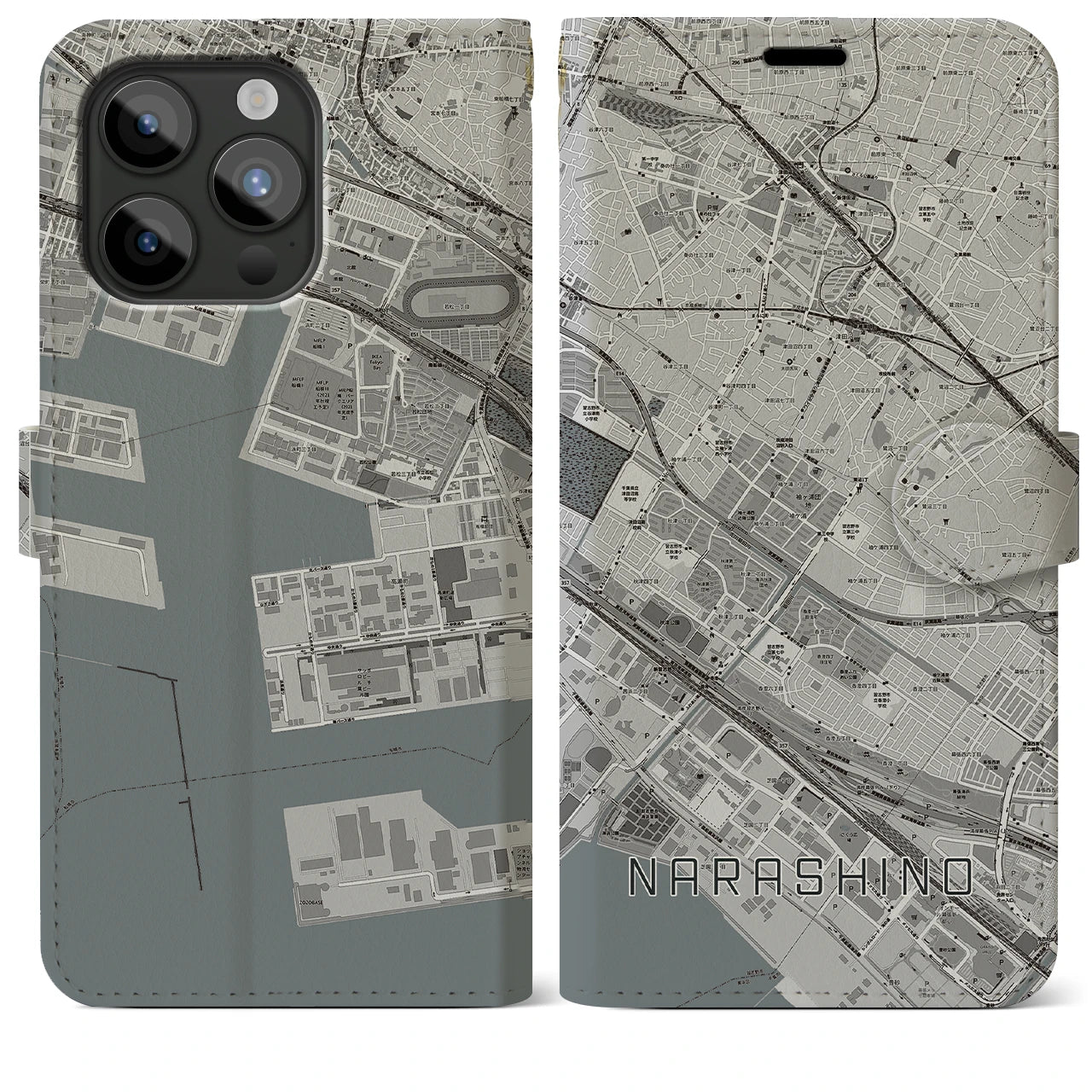 【習志野】地図柄iPhoneケース（手帳両面タイプ・モノトーン）iPhone 15 Pro Max 用