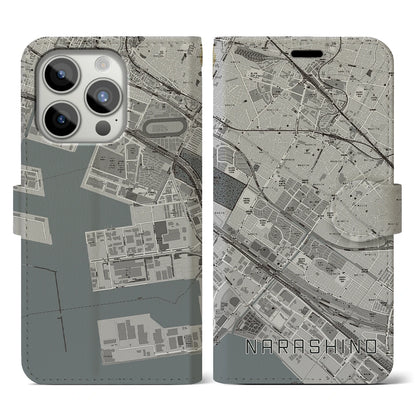 【習志野（千葉県）】地図柄iPhoneケース（手帳タイプ）モノトーン・iPhone 15 Pro 用