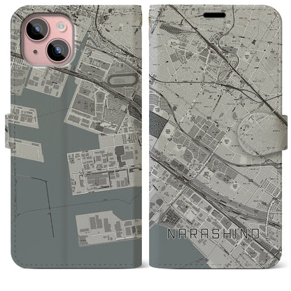 【習志野（千葉県）】地図柄iPhoneケース（手帳タイプ）モノトーン・iPhone 15 Plus 用