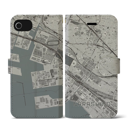 【習志野（千葉県）】地図柄iPhoneケース（手帳タイプ）モノトーン・iPhone SE（第3 / 第2世代） / 8 / 7 / 6s / 6 用