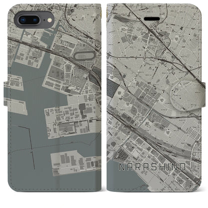 【習志野（千葉県）】地図柄iPhoneケース（手帳タイプ）モノトーン・iPhone 8Plus /7Plus / 6sPlus / 6Plus 用