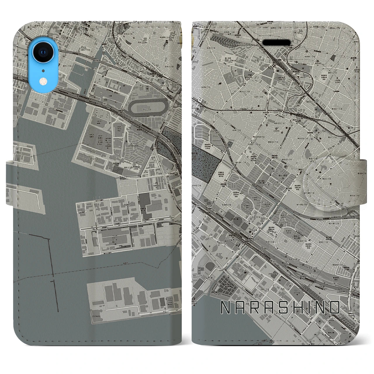 【習志野】地図柄iPhoneケース（手帳両面タイプ・モノトーン）iPhone XR 用