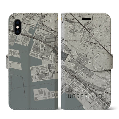 【習志野（千葉県）】地図柄iPhoneケース（手帳タイプ）モノトーン・iPhone XS / X 用