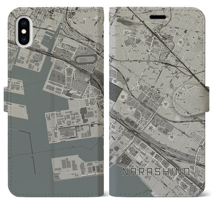 【習志野（千葉県）】地図柄iPhoneケース（手帳タイプ）モノトーン・iPhone XS Max 用