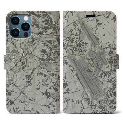 【成田空港（千葉県）】地図柄iPhoneケース（手帳タイプ）モノトーン・iPhone 12 / 12 Pro 用