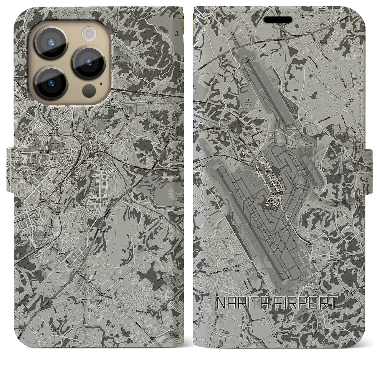 【成田空港】地図柄iPhoneケース（手帳両面タイプ・モノトーン）iPhone 14 Pro Max 用