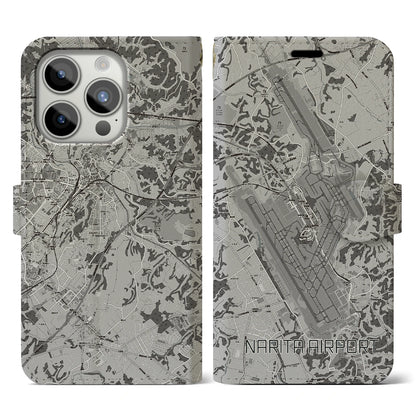 【成田空港（千葉県）】地図柄iPhoneケース（手帳タイプ）モノトーン・iPhone 15 Pro 用