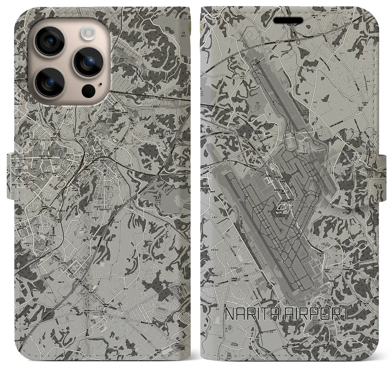 【成田空港（千葉県）】地図柄iPhoneケース（手帳タイプ）モノトーン・iPhone 16 Plus 用