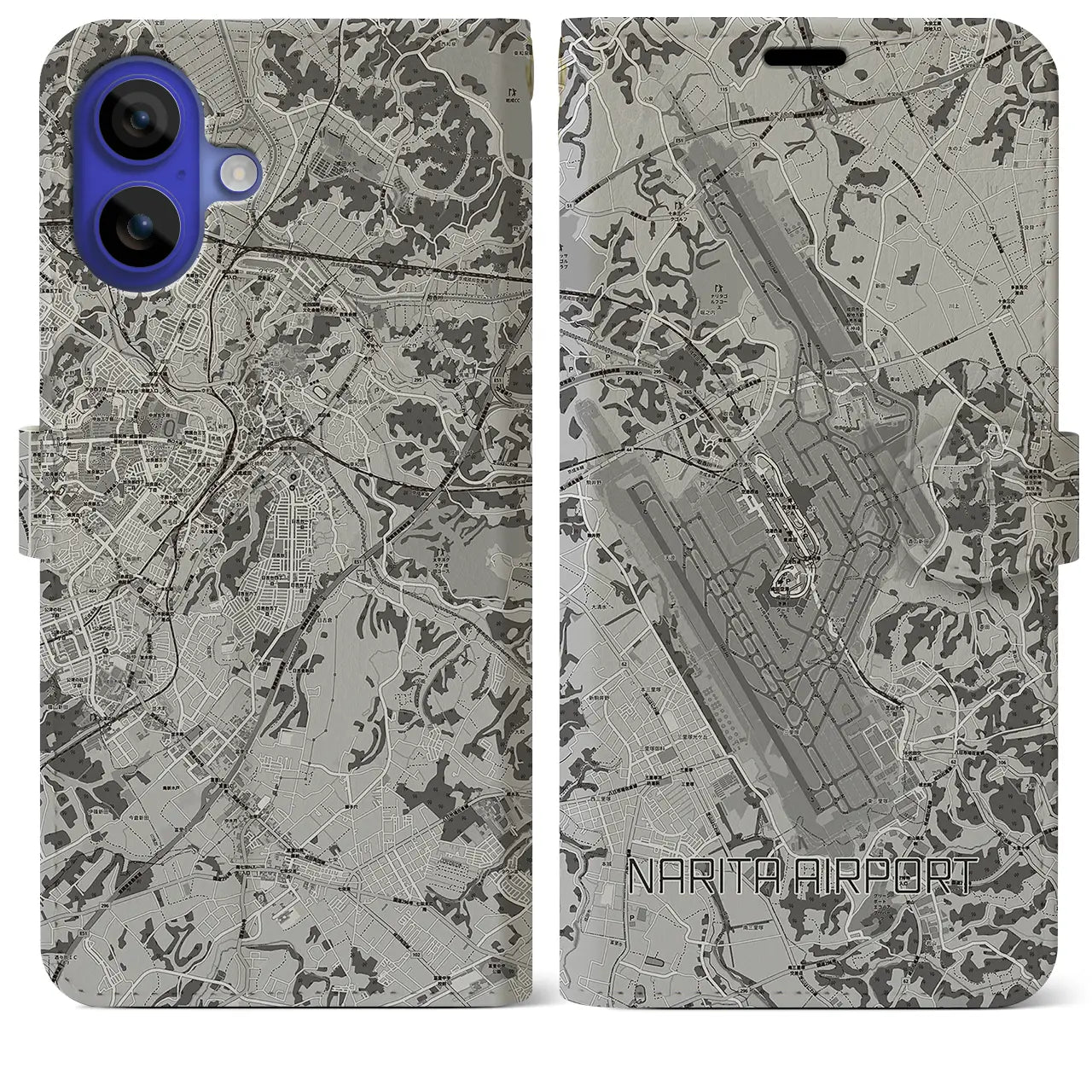 【成田空港（千葉県）】地図柄iPhoneケース（手帳タイプ）モノトーン・iPhone 16 Pro Max 用