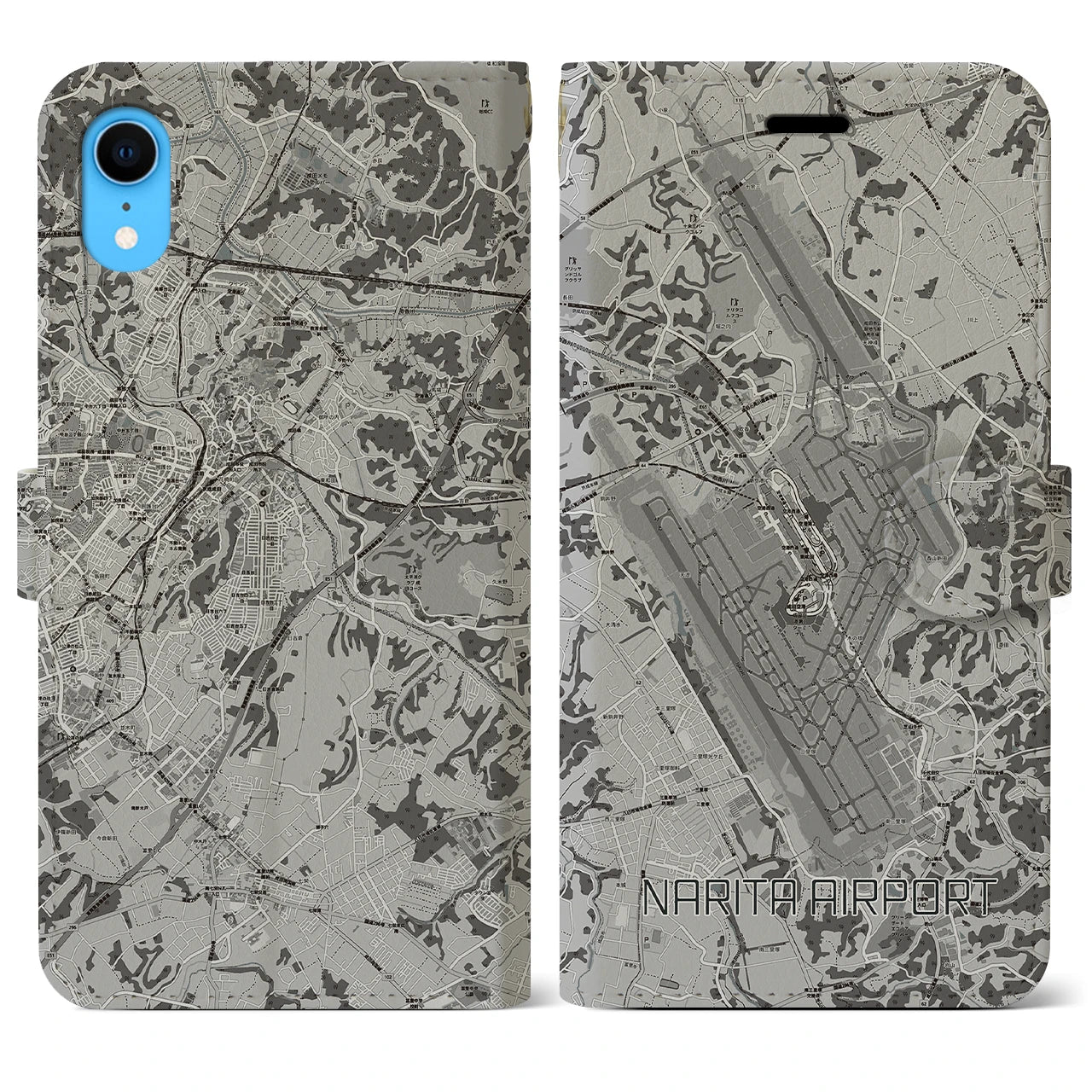 【成田空港】地図柄iPhoneケース（手帳両面タイプ・モノトーン）iPhone XR 用