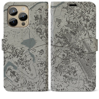 【成田（千葉県）】地図柄iPhoneケース（手帳タイプ）モノトーン・iPhone 14 Pro Max 用