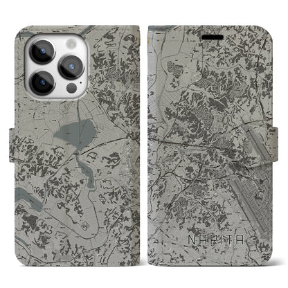 【成田（千葉県）】地図柄iPhoneケース（手帳タイプ）モノトーン・iPhone 14 Pro 用