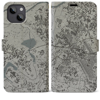 【成田（千葉県）】地図柄iPhoneケース（手帳タイプ）モノトーン・iPhone 14 Plus 用