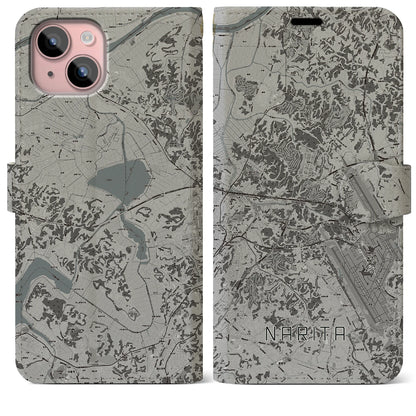 【成田（千葉県）】地図柄iPhoneケース（手帳タイプ）モノトーン・iPhone 15 Plus 用