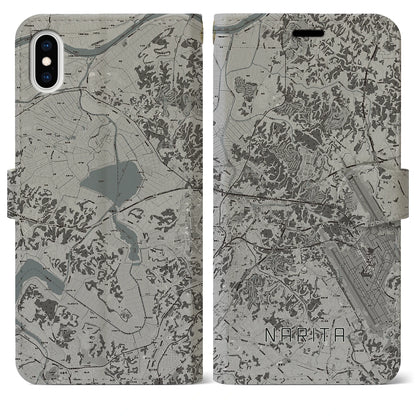 【成田（千葉県）】地図柄iPhoneケース（手帳タイプ）モノトーン・iPhone XS Max 用