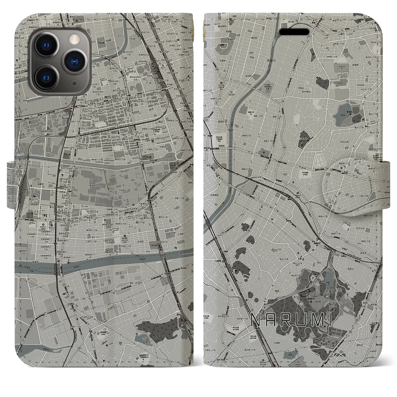 【鳴海】地図柄iPhoneケース（手帳両面タイプ・モノトーン）iPhone 11 Pro Max 用
