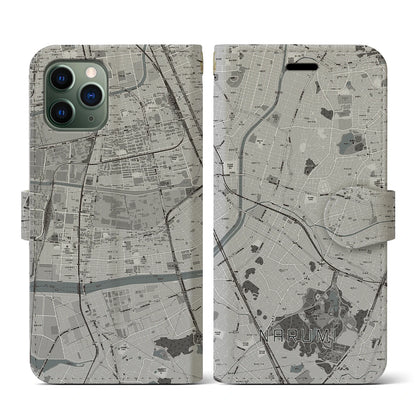 【鳴海（愛知県）】地図柄iPhoneケース（手帳タイプ）モノトーン・iPhone 11 Pro 用