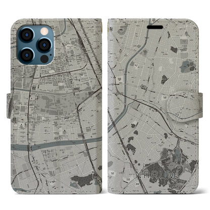 【鳴海（愛知県）】地図柄iPhoneケース（手帳タイプ）モノトーン・iPhone 12 / 12 Pro 用