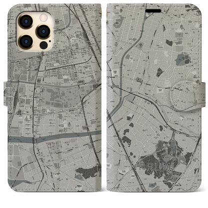 【鳴海（愛知県）】地図柄iPhoneケース（手帳タイプ）モノトーン・iPhone 12 Pro Max 用