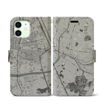 【鳴海（愛知県）】地図柄iPhoneケース（手帳タイプ）モノトーン・iPhone 12 mini 用