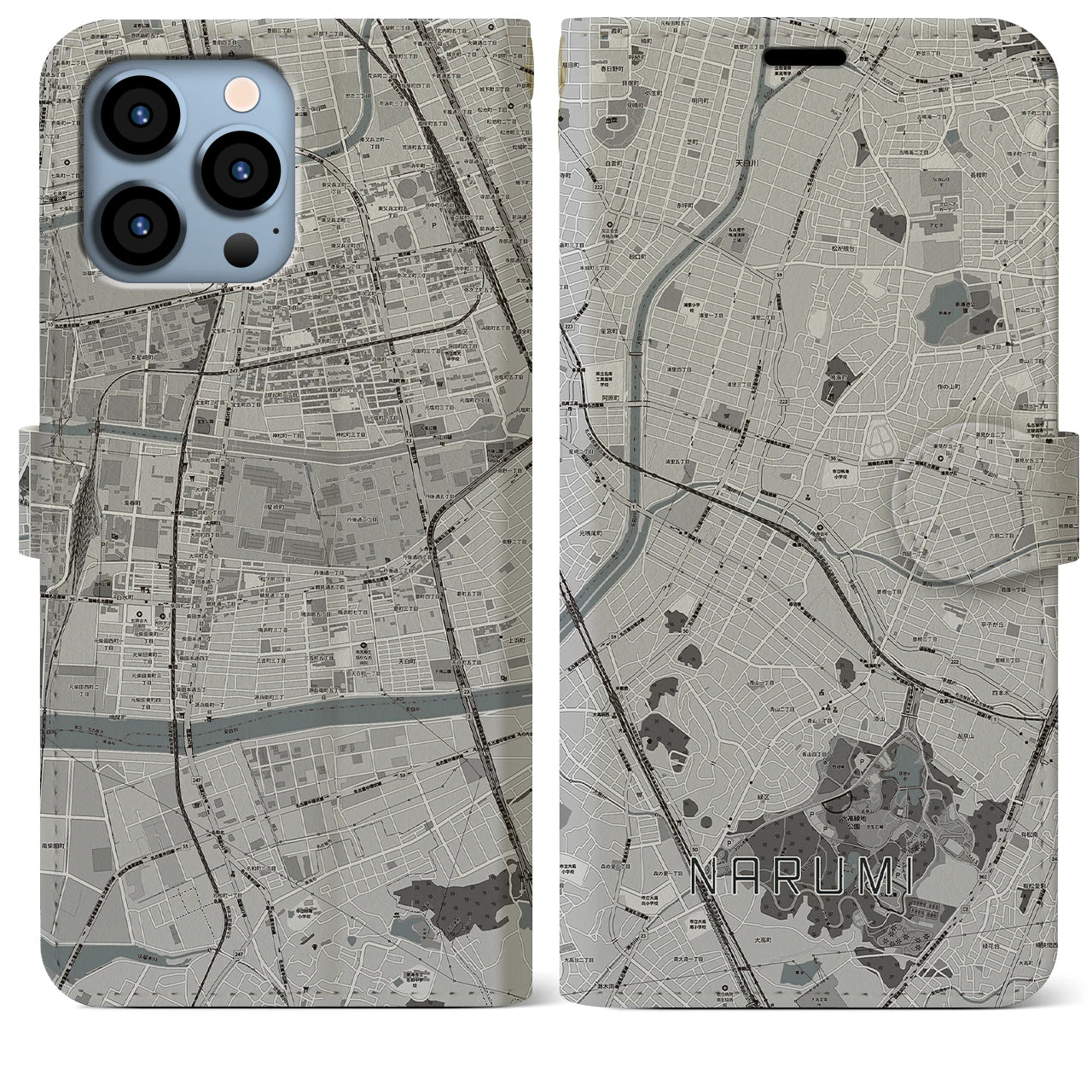 【鳴海】地図柄iPhoneケース（手帳両面タイプ・モノトーン）iPhone 13 Pro Max 用