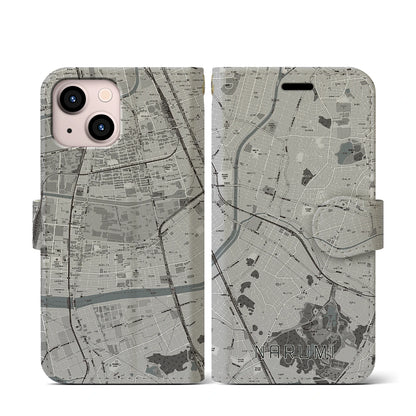 【鳴海（愛知県）】地図柄iPhoneケース（手帳タイプ）モノトーン・iPhone 13 mini 用