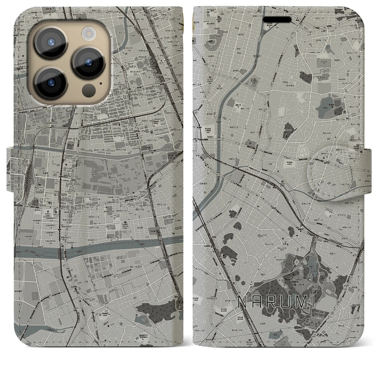 【鳴海】地図柄iPhoneケース（手帳両面タイプ・モノトーン）iPhone 14 Pro Max 用
