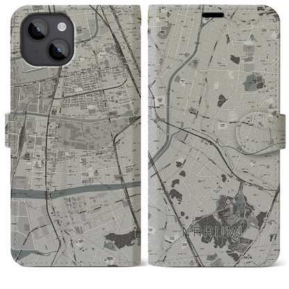 【鳴海（愛知県）】地図柄iPhoneケース（手帳タイプ）モノトーン・iPhone 14 Plus 用