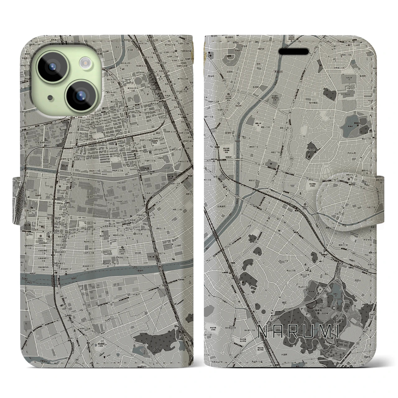 【鳴海】地図柄iPhoneケース（手帳両面タイプ・モノトーン）iPhone 15 用