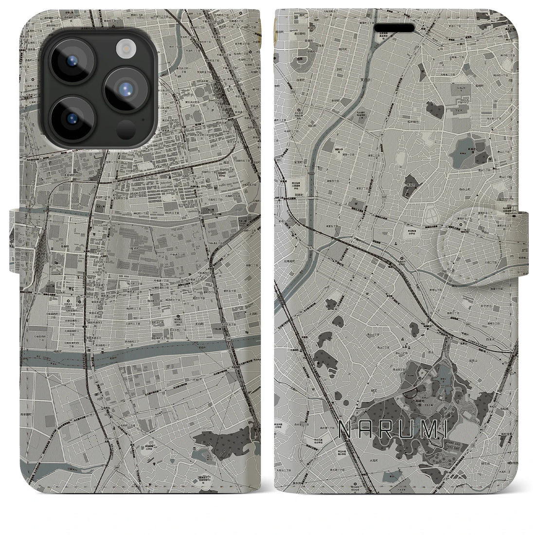 【鳴海】地図柄iPhoneケース（手帳両面タイプ・モノトーン）iPhone 15 Pro Max 用