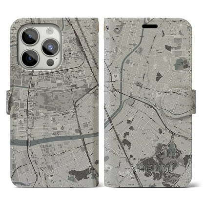 【鳴海（愛知県）】地図柄iPhoneケース（手帳タイプ）モノトーン・iPhone 15 Pro 用