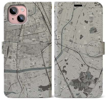 【鳴海（愛知県）】地図柄iPhoneケース（手帳タイプ）モノトーン・iPhone 15 Plus 用