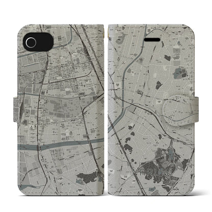 【鳴海（愛知県）】地図柄iPhoneケース（手帳タイプ）モノトーン・iPhone SE（第3 / 第2世代） / 8 / 7 / 6s / 6 用