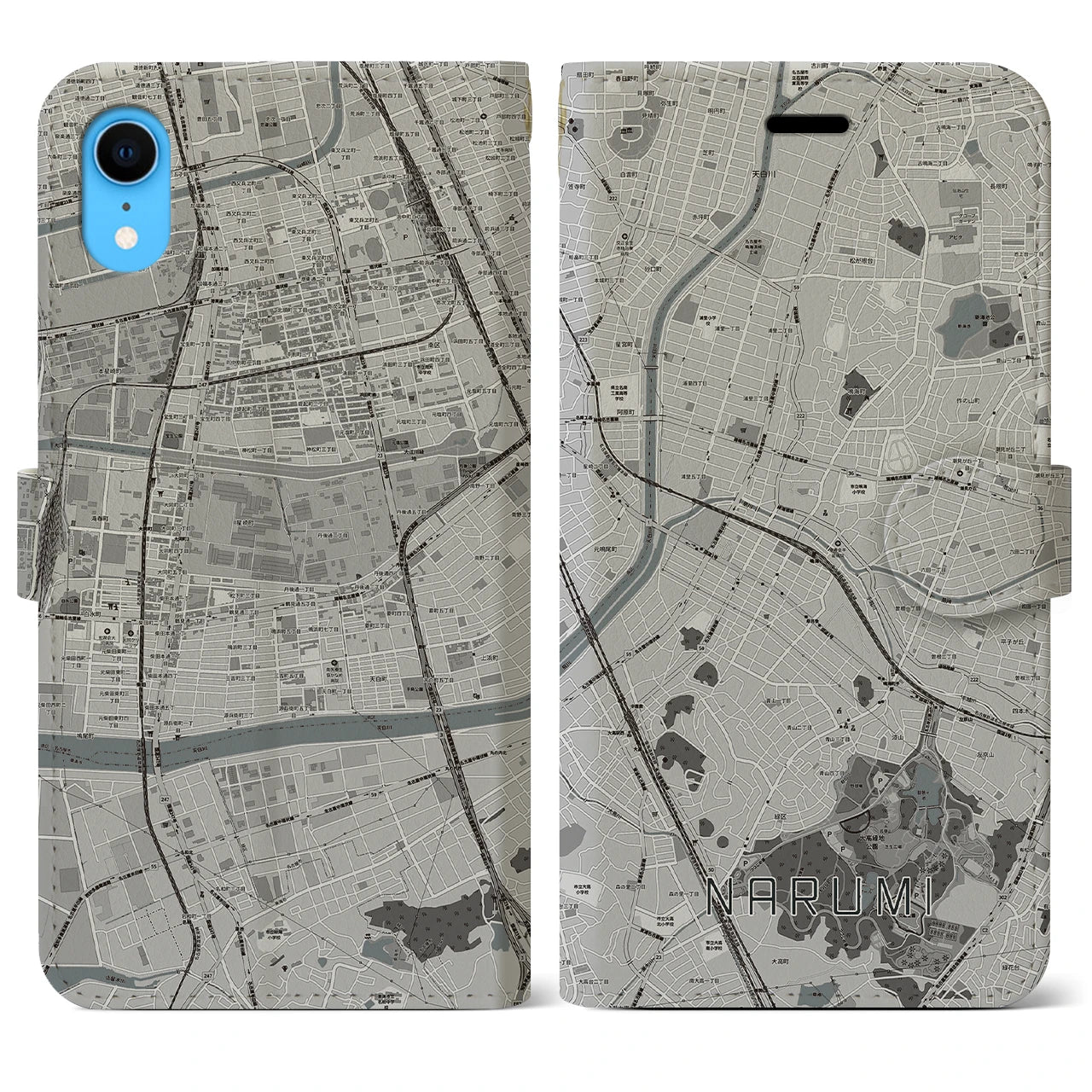 【鳴海】地図柄iPhoneケース（手帳両面タイプ・モノトーン）iPhone XR 用