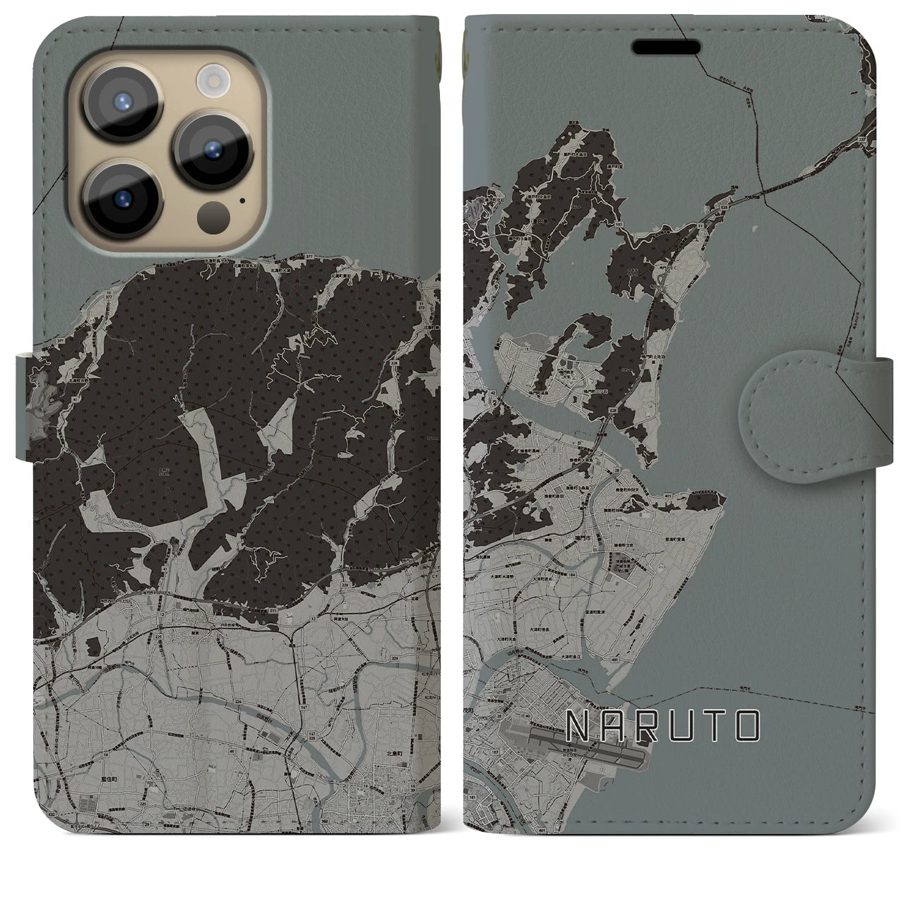 【鳴門】地図柄iPhoneケース（手帳両面タイプ・モノトーン）iPhone 14 Pro Max 用