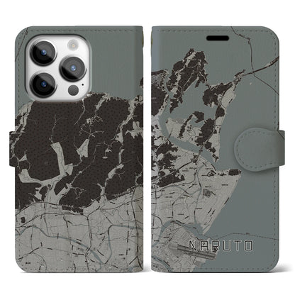 【鳴門（徳島県）】地図柄iPhoneケース（手帳タイプ）モノトーン・iPhone 14 Pro 用