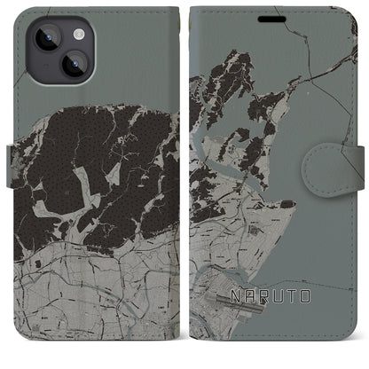 【鳴門（徳島県）】地図柄iPhoneケース（手帳タイプ）モノトーン・iPhone 14 Plus 用