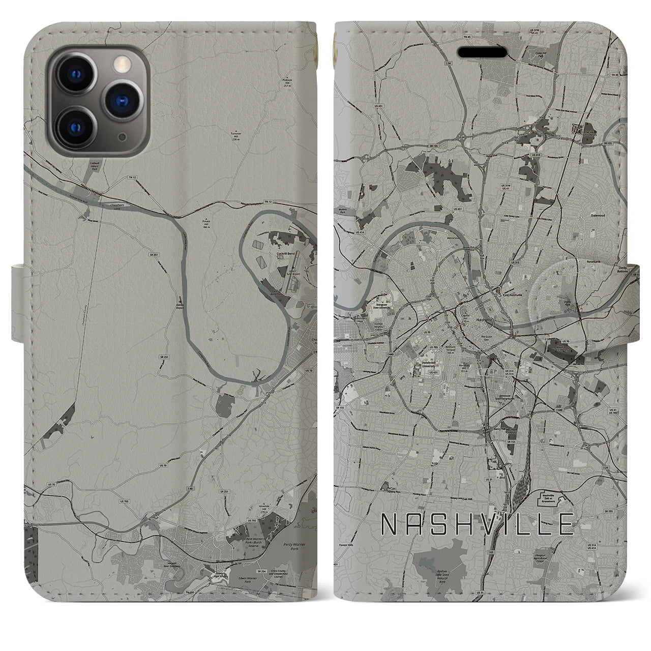 【ナッシュビル】地図柄iPhoneケース（手帳両面タイプ・モノトーン）iPhone 11 Pro Max 用