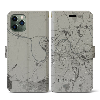【ナッシュビル（アメリカ）】地図柄iPhoneケース（手帳タイプ）モノトーン・iPhone 11 Pro 用