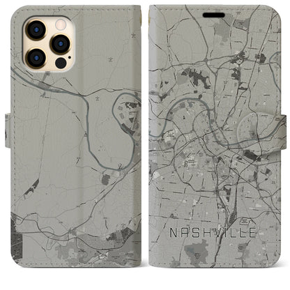 【ナッシュビル（アメリカ）】地図柄iPhoneケース（手帳タイプ）モノトーン・iPhone 12 Pro Max 用