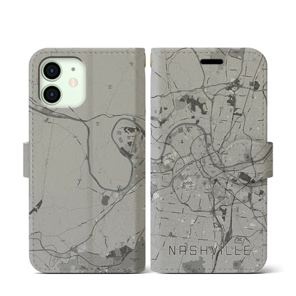 【ナッシュビル（アメリカ）】地図柄iPhoneケース（手帳タイプ）モノトーン・iPhone 12 mini 用