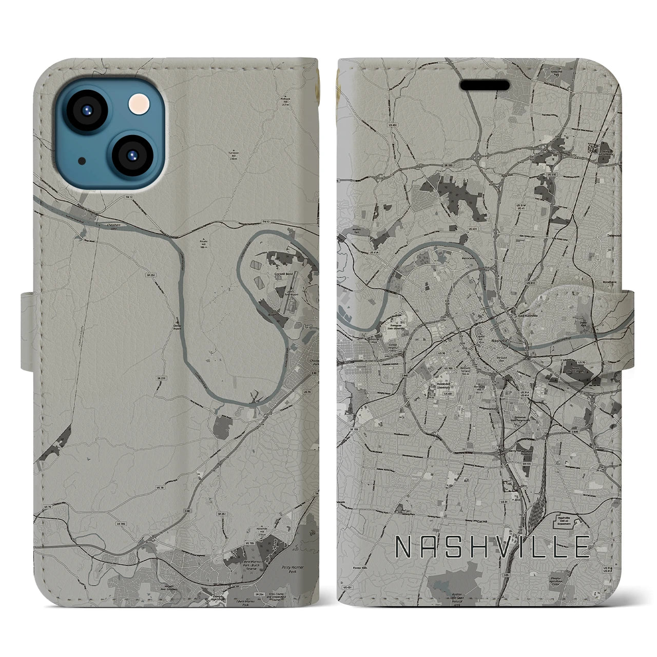 【ナッシュビル】地図柄iPhoneケース（手帳両面タイプ・モノトーン）iPhone 13 用
