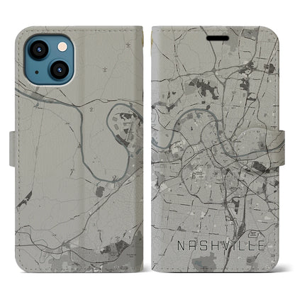 【ナッシュビル（アメリカ）】地図柄iPhoneケース（手帳タイプ）モノトーン・iPhone 13 用