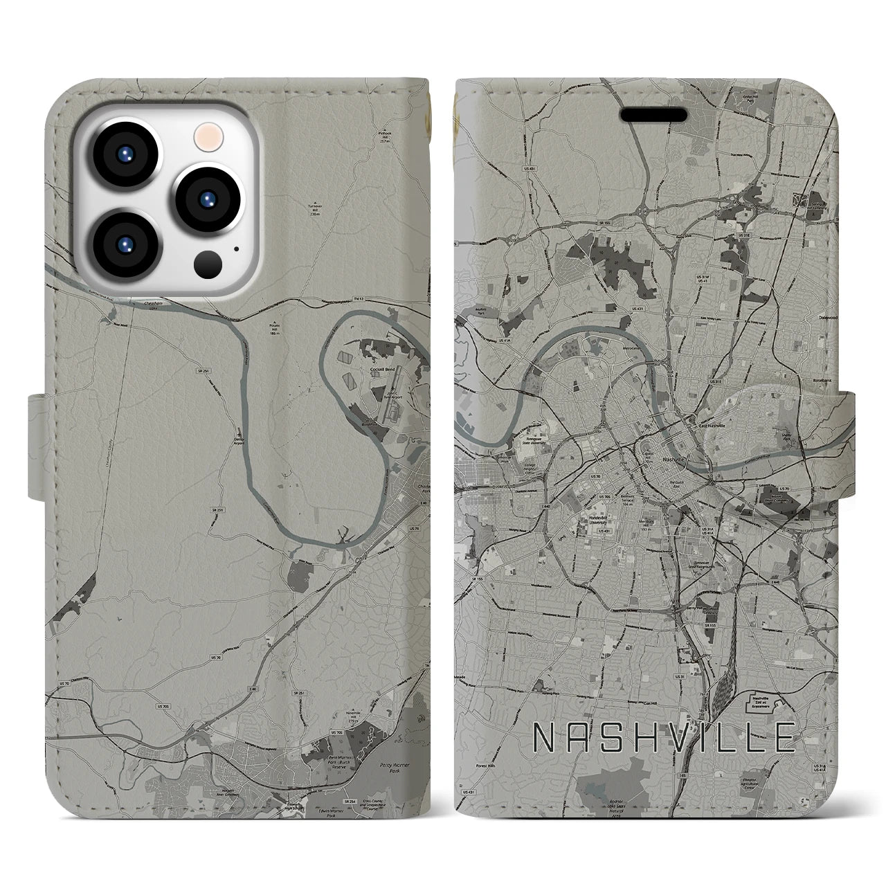 【ナッシュビル】地図柄iPhoneケース（手帳両面タイプ・モノトーン）iPhone 13 Pro 用