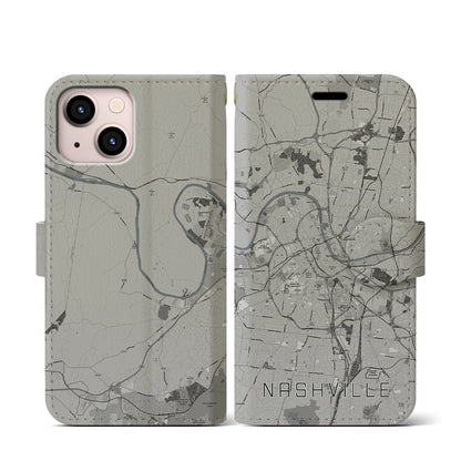 【ナッシュビル（アメリカ）】地図柄iPhoneケース（手帳タイプ）モノトーン・iPhone 13 mini 用