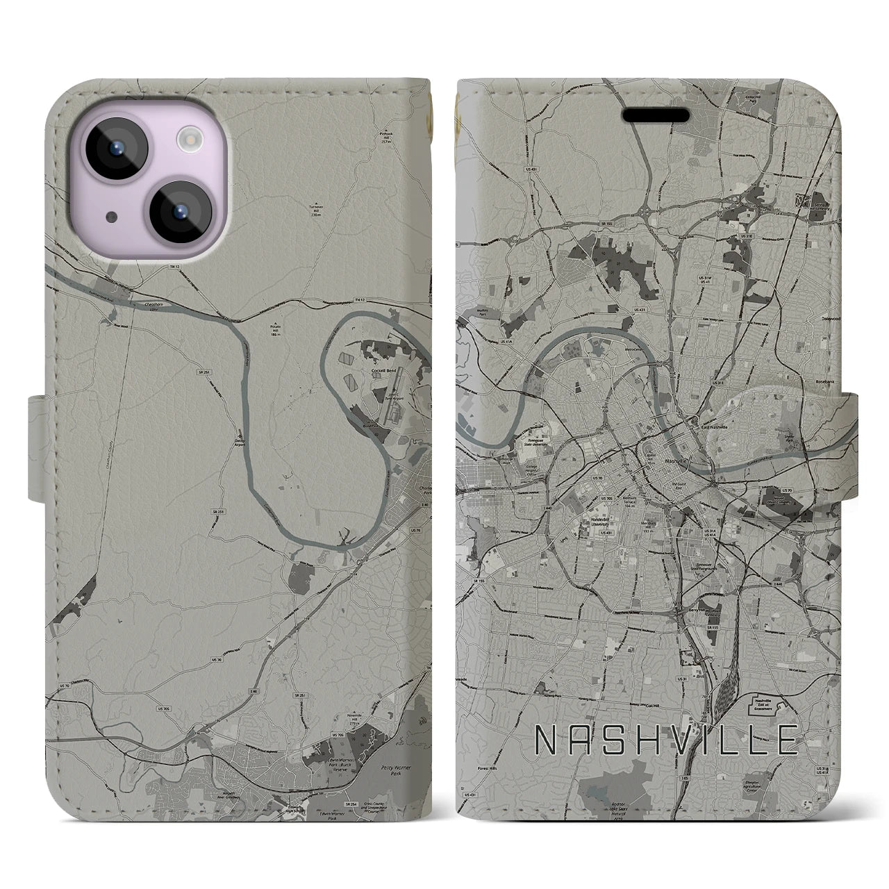 【ナッシュビル】地図柄iPhoneケース（手帳両面タイプ・モノトーン）iPhone 14 用