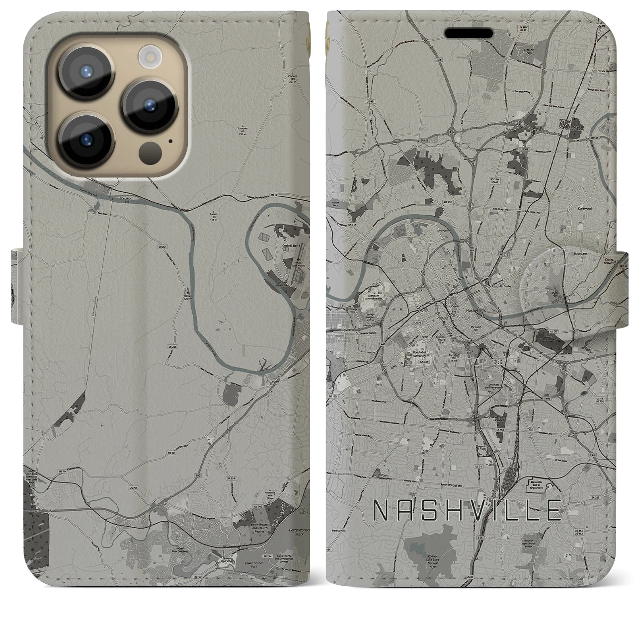 【ナッシュビル】地図柄iPhoneケース（手帳両面タイプ・モノトーン）iPhone 14 Pro Max 用